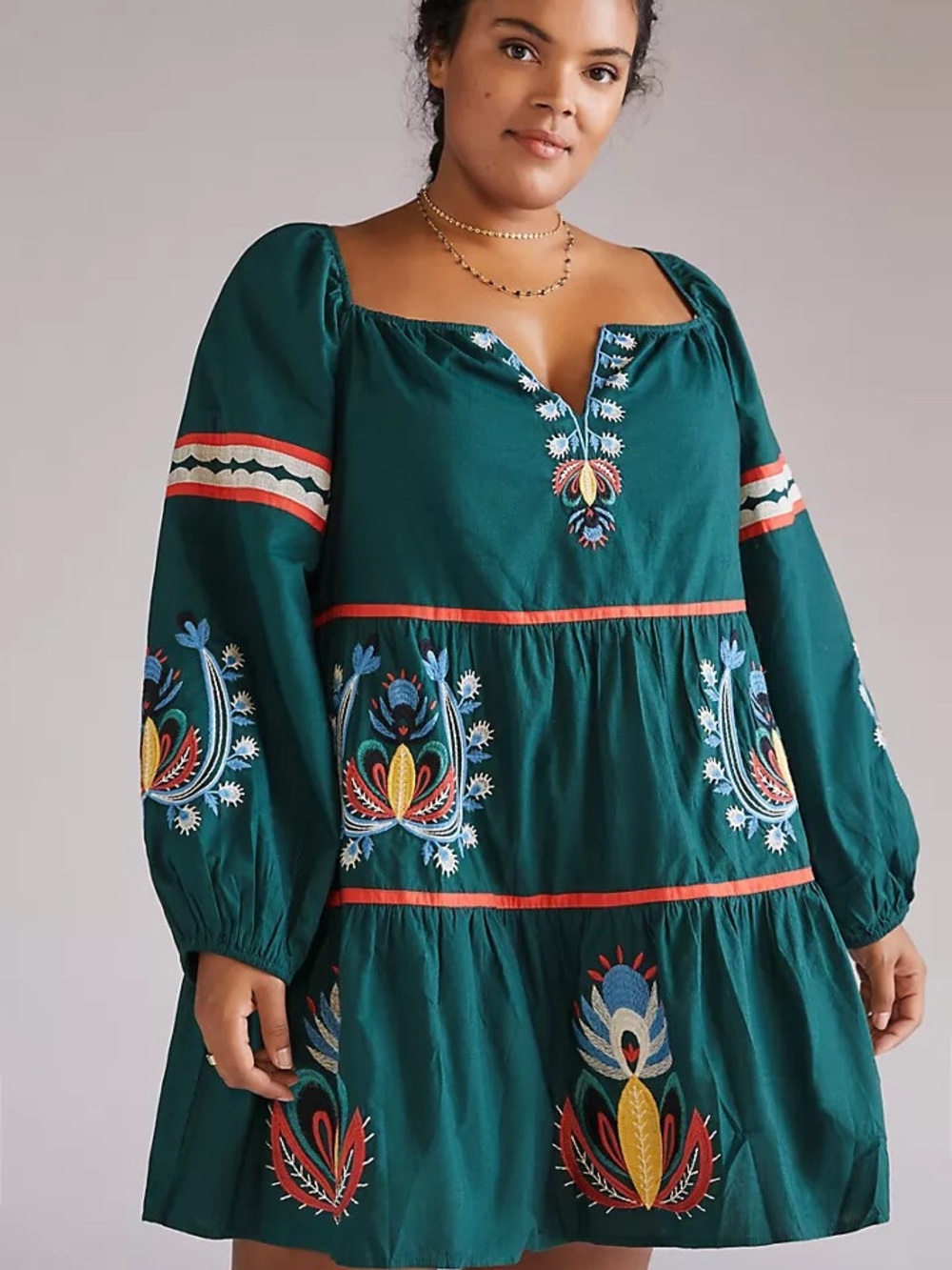 Anthropologie Teal Embroidered Long-Sleeve Tiered Mini Dress